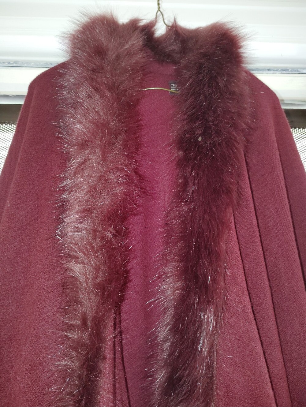 Women's Faux Fur Trim Burgundy Cape Sweater - Picture 2 of 5